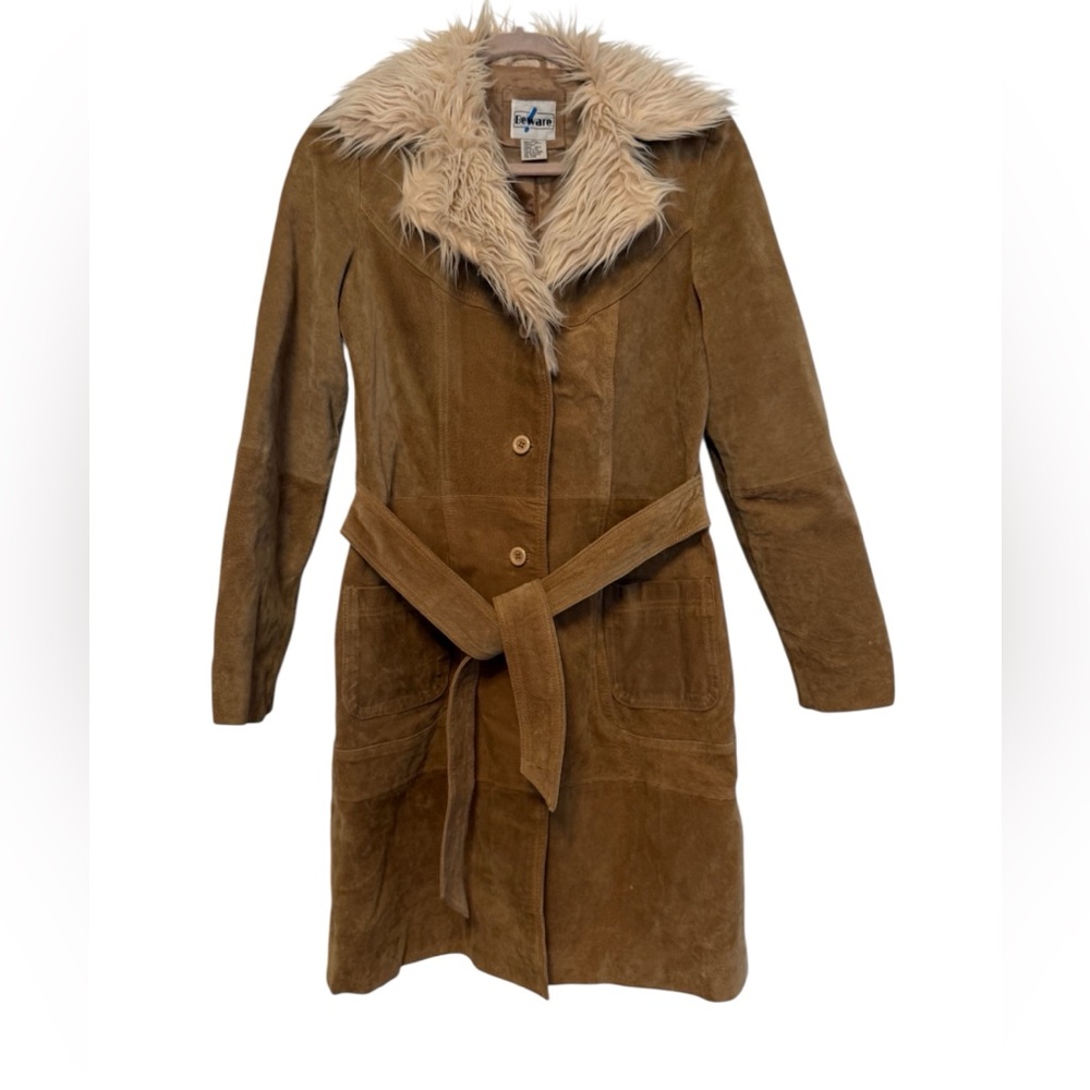 Vintage Beware Tan Leather Midi Jacket with Faux Fur Collar (Size M)